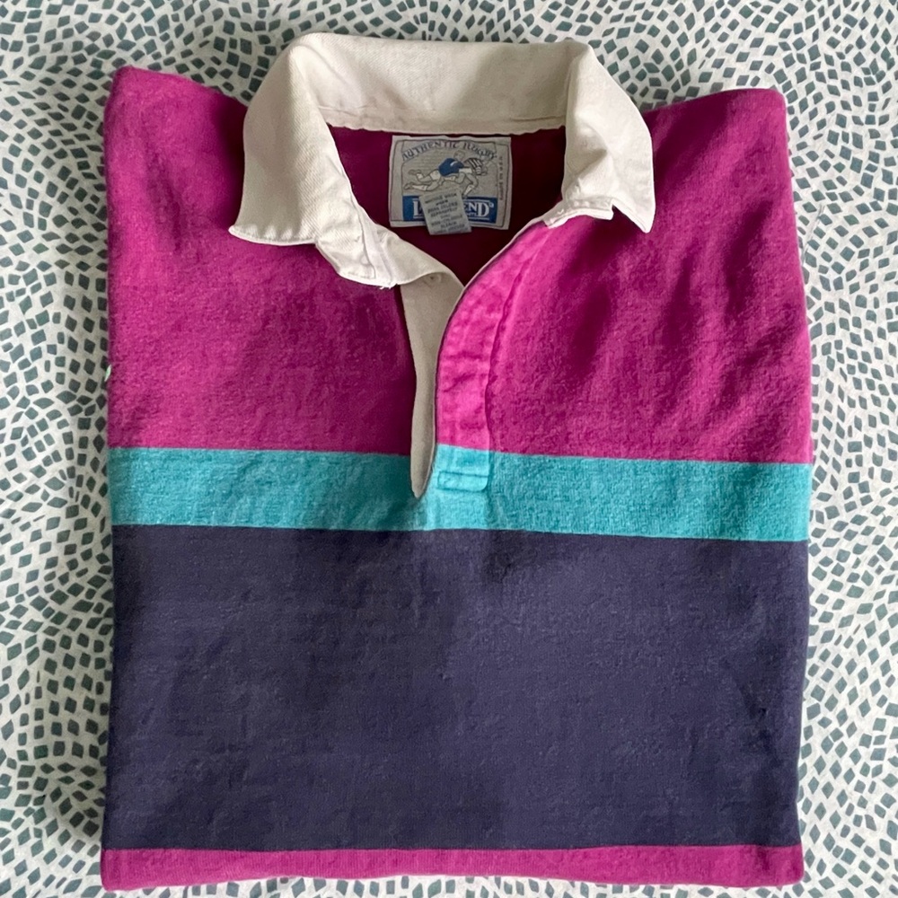 Vintage Lands' End Men's Rugby Shirt Magenta Teal Blue Stripes White Collar MED.